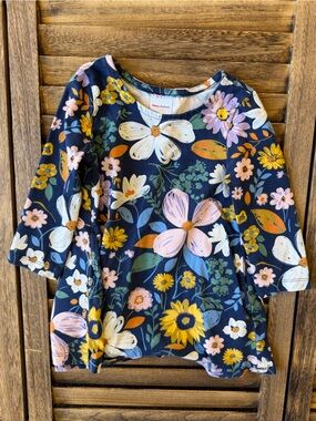 Hanna Andersson Navy Floral Knit Dress with Pink, Yellow & White Blooms 2T 85 CM